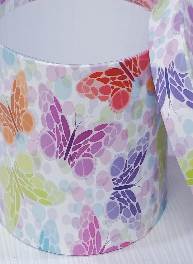 اويسيس مجموعة أواسيس من 3 صناديق هدايا دائرية لعيد الحب وسلال الزهور مع غطاء | صندوق باقة كلاسيكي لتنسيقات الزهور وسلال الهدايا | صندوق تغليف هدايا مزخرف ببطانة مقاومة للماء - مطبوع عليه فراشات متعددة الألوان - Image 5